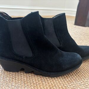 Fly London brand size 40 black Chelsea booties with wedge heel